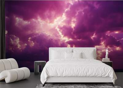 dramatic purple clouds with sunlight rays background from Generative AI Wall mural