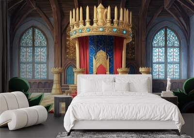 Grand medieval throne room with intricate designs and rich colors for an anime illustration Wall mural