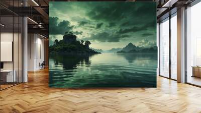 green sky and water fantasy landscape background from Generative AI Wall mural