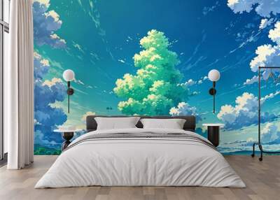 green sky with clouds landscape cartoon anime from Generative AI Wall mural