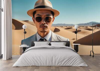 handsome middleaged asian guy on desert background fashion portrait posing with hat and sunglasses Wall mural