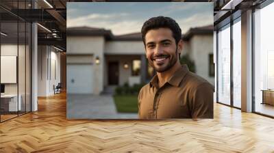 hispanic guy smiling looking at camera portrait with modern luxury house background from Generative AI Wall mural