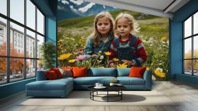 kids in Alpine meadow with flowers background Wall mural