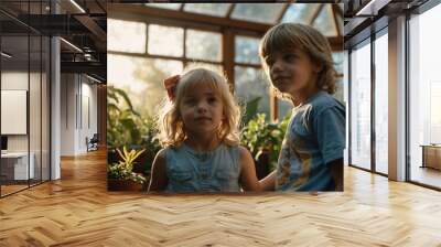 kids in Sunlit conservatory with glass roof background Wall mural