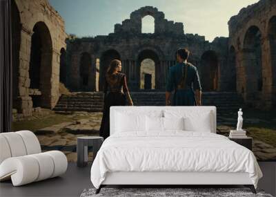 man and woman in Ancient castle ruins background Wall mural