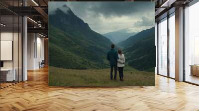 man and woman in Cloudy mountain valley background Wall mural