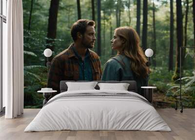 man and woman in Quiet forest clearing background Wall mural