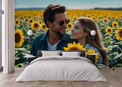 man and woman in Sunflower field under blue sky background Wall mural