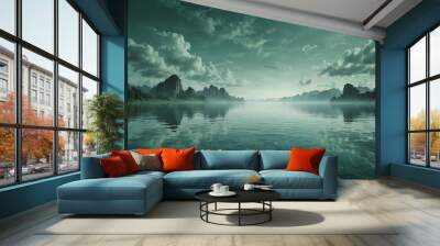 mint green sky and water fantasy landscape background from Generative AI Wall mural