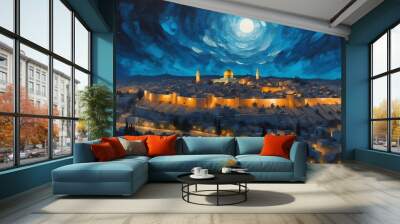 night sky in jerusalem israel theme oil pallet knife paint painting on canvas with large brush strokes modern art illustration abstract from Generative AI Wall mural