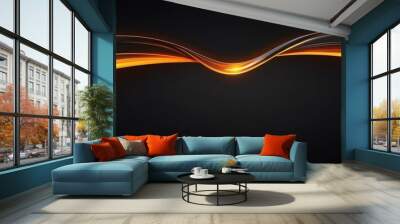 orange neon glowing bright curve lines on black luxury smooth shiny metal background from Generative AI Wall mural