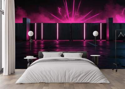 Pink and black concrete barriers with glowing neon effect background Wall mural