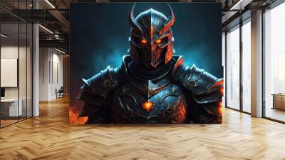 portrait of colorful theme evil dark warrior with glowing eyes and armor on fantasy dark background from Generative AI Wall mural