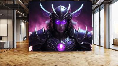 portrait of purple theme angel warrior with glowing eyes and armor on fantasy dark background from Generative AI Wall mural