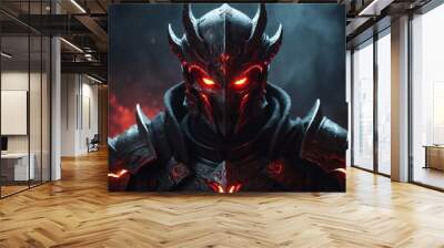 portrait of red theme evil dark warrior with glowing eyes and armor on fantasy dark background from Generative AI Wall mural