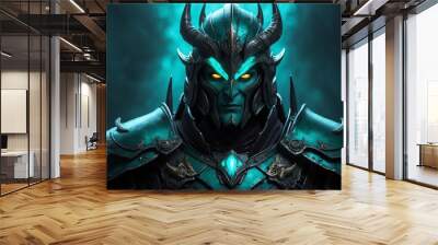 portrait of teal theme evil dark warrior with glowing eyes and armor on fantasy dark background from Generative AI Wall mural