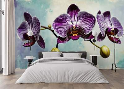 Purple orchid blossoms floating on textured watercolor abstract Wall mural