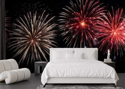 red bright celebration fireworks on plain black sky background from Generative AI Wall mural