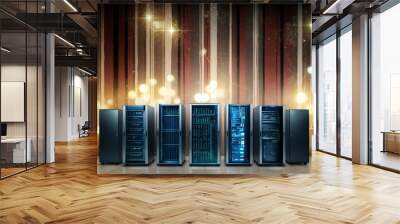 Server room with modern equipment illuminated background vintage retro concept backdrop Wall mural