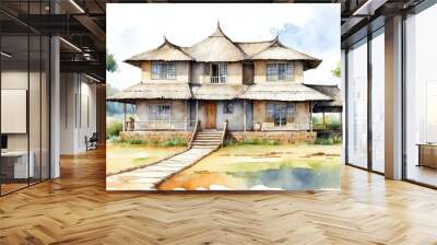 traditional house in africa watercolor painting front facade exterior on plain white background art Wall mural