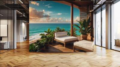 tropical theme private luxury balcony with view of the beach from Generative AI Wall mural