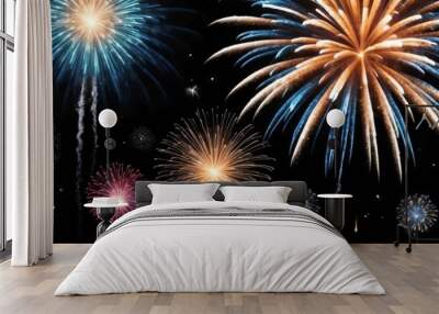 white bright celebration fireworks on plain black sky background from Generative AI Wall mural