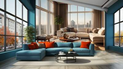 white wood theme penthouse living room luxury unit with sofa and morning sunlight rays from Generative AI Wall mural