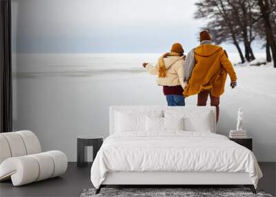 Back view at carefree young couple running outdoor in winter by frozen lake, copy space Wall mural