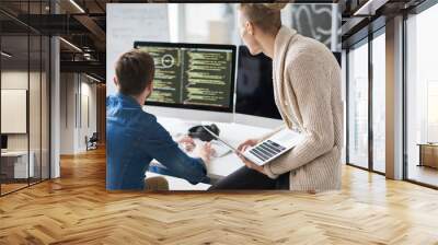 Back view portrait of two contemporary web developers writing code for program using computers in modern office, copy space Wall mural