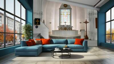 Background image of ethereal church interior in all white with stained glass window at altar Wall mural