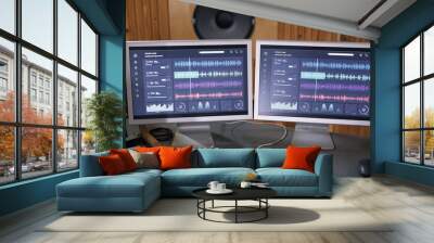 Background image of two computer screens with audio tracks in home recording studio, music production concept Wall mural