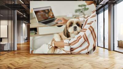 Closeup of little cute dog sitting in womans lap and looking at camera, copy space Wall mural