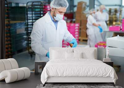 Confectionery factory worker in white coat collecting freshly baked pastry from tray and putting it into paper box.  Wall mural