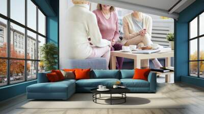 Full length portrait of three adult women enjoying conversation during family evening at home, copy space Wall mural