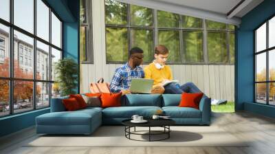 Full length portrait of two international students doing homework outdoors while sitting on green grass in college campus, copy space Wall mural