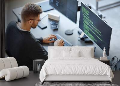 High angle view at software developer writing code while using computer and data systems in office Wall mural