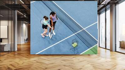 Minimal top view of female tennis coach working with client against blue court floor, copy space Wall mural