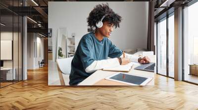 Side view portrait of African-American teenage boy studying at home or in college dorm and using laptop, copy space Wall mural