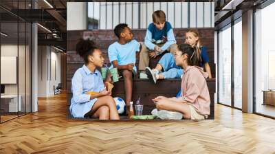 Two intercultural schoolgirls in casualwear sitting on wooden staircase against their friends and chatting while one of them having soda Wall mural