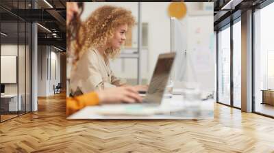 Two young women with curly hair working on modern computers in office side view shot Wall mural