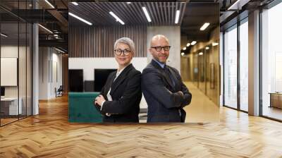 Waist up portrait of two successful mature business people standing back to back with arms crossed and looking at camera while posing in modern office interior, copy space Wall mural