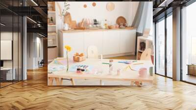 Warm-toned background image of cozy kitchen interior with wooden table in foreground, copy space Wall mural