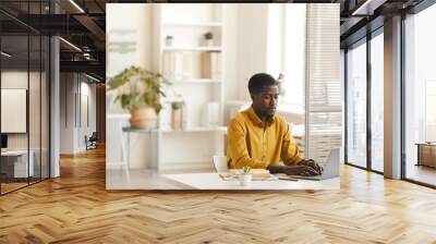 Wide angle view at contemporary African-American man using laptop while working at desk in minimal office interior, copy space Wall mural