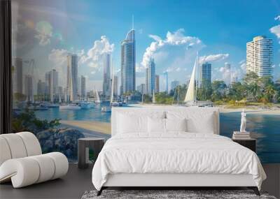 boats and yachts at harbor in Panama City with skyline background. AI generated illustration Wall mural