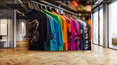 Vibrant Display of Men's Sports T-Shirts in an Athletic Wear Store. AI generated illustration Wall mural