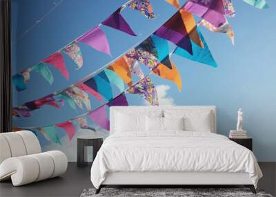 Summer festive colorful bunting and blue sky, summer event celebration Wall mural