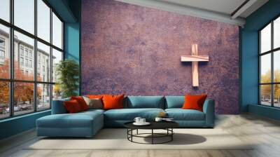 Wooden cross on dark background, Easter day, World Day of Prayer , home church, online worship, international day of prayer, hope, faith concept Wall mural