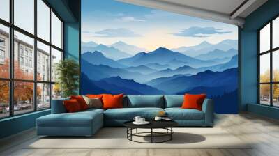 Illustration of mountain top view with sunrise light Wall mural