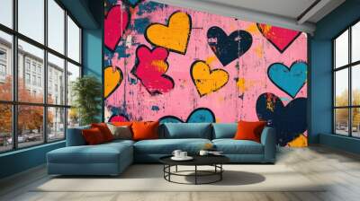 Abstract pink background adorned with hearts for creative coloring Wall mural