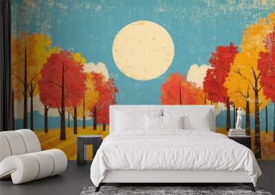 Autumn forest landscape illustration featuring golden trees and vibrant red orange foliage Nature transformation scene in a park Yellow woods under a bright sun in a blue sky Wall mural